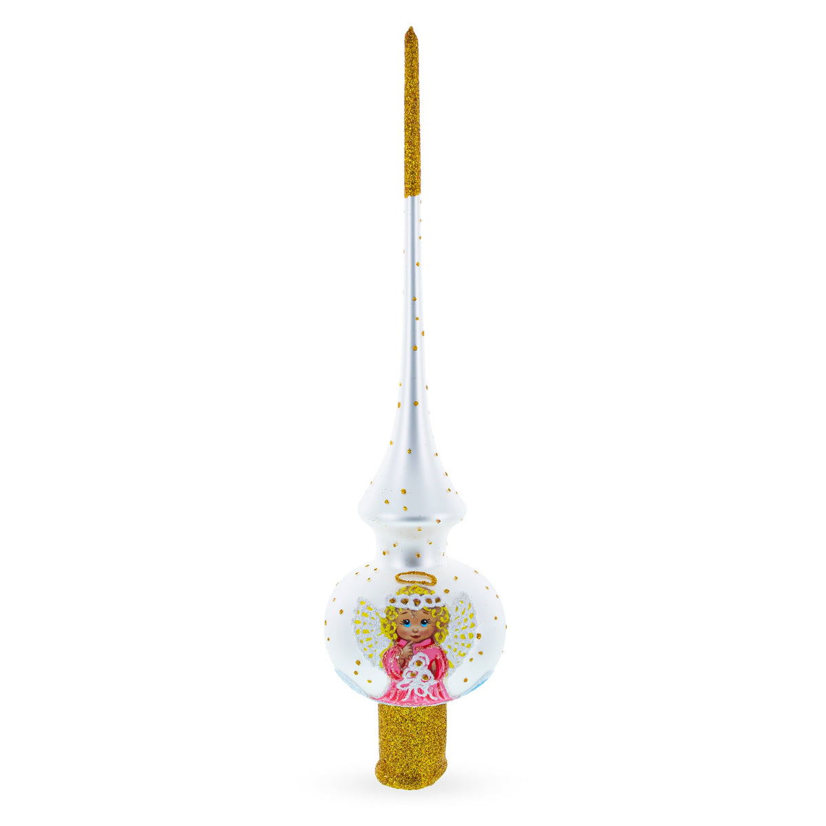Angel on White Golden Flowers Bouquet Glass Christmas Tree Topper 11 Inches