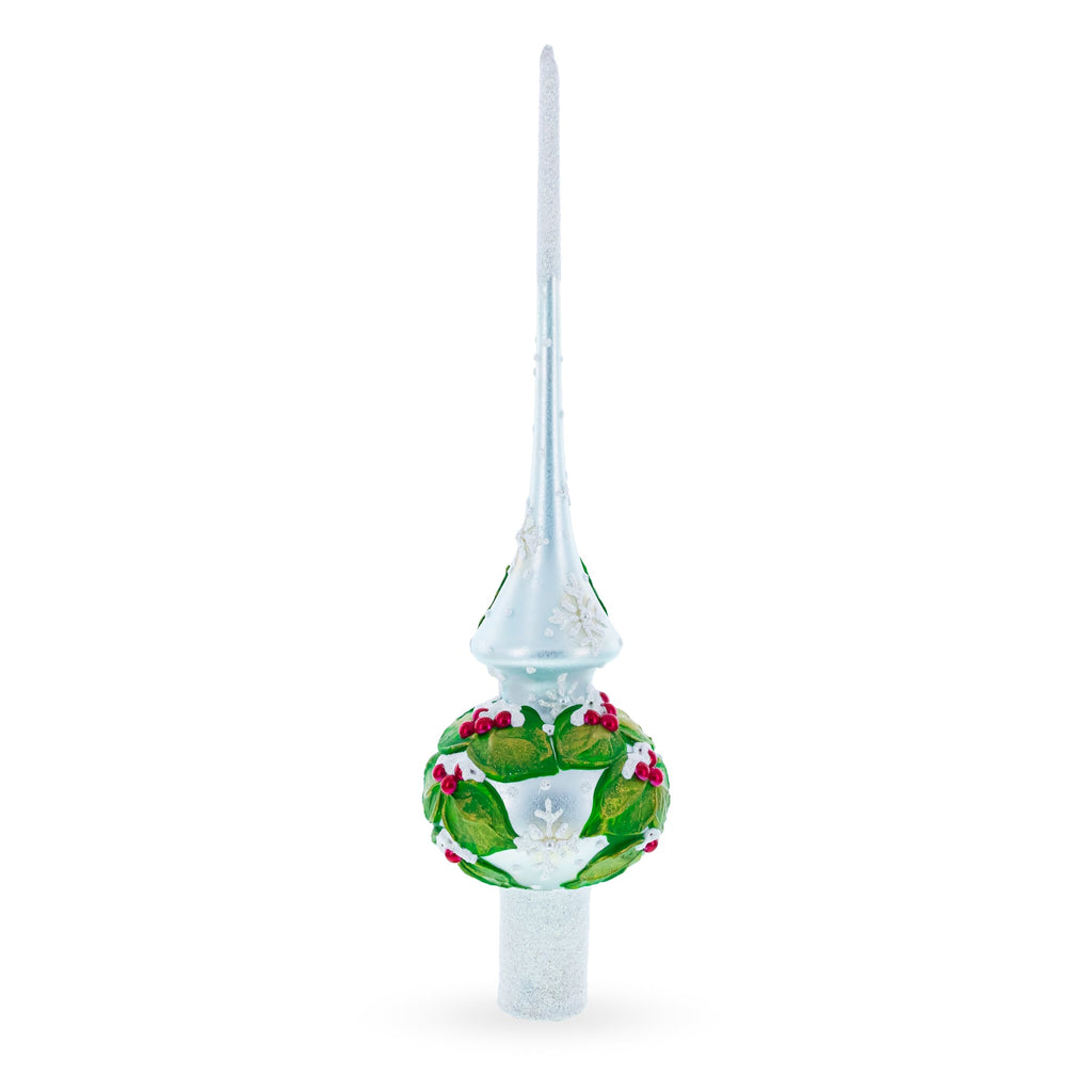 Dimensional Red Berries with Leaves on White Glass Christmas Tree Topper 11 Inches