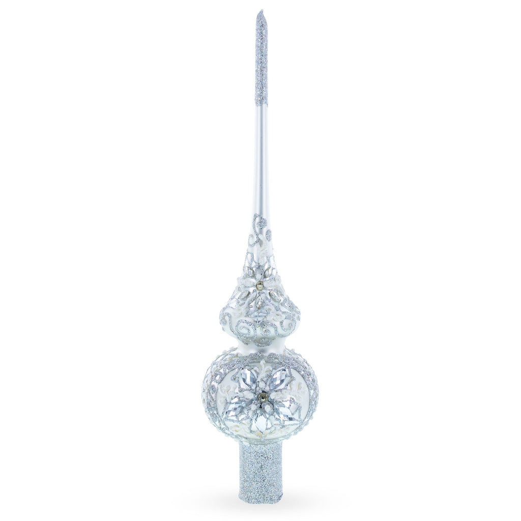 White Jewels Star on Glossy Silver Glass Christmas Tree Topper 11 Inches