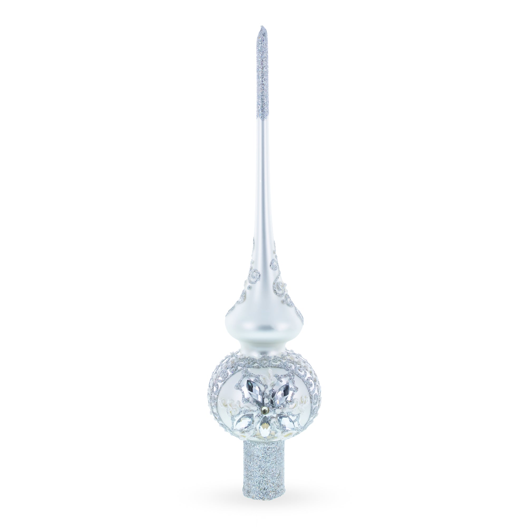 White Jewels Star on Glossy Silver Glass Christmas Tree Topper 11 Inches