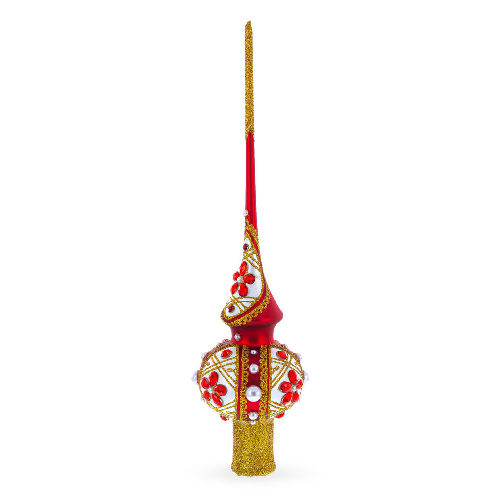 Red Jewels and White Pearls on Red Glass Christmas Tree Topper 11 Inches