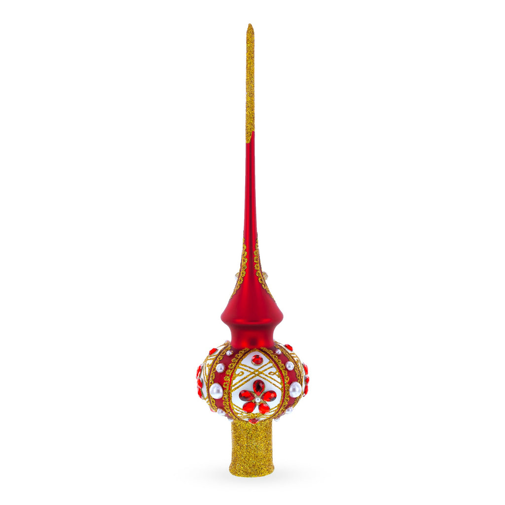 Red Jewels and White Pearls on Red Glass Christmas Tree Topper 11 Inches