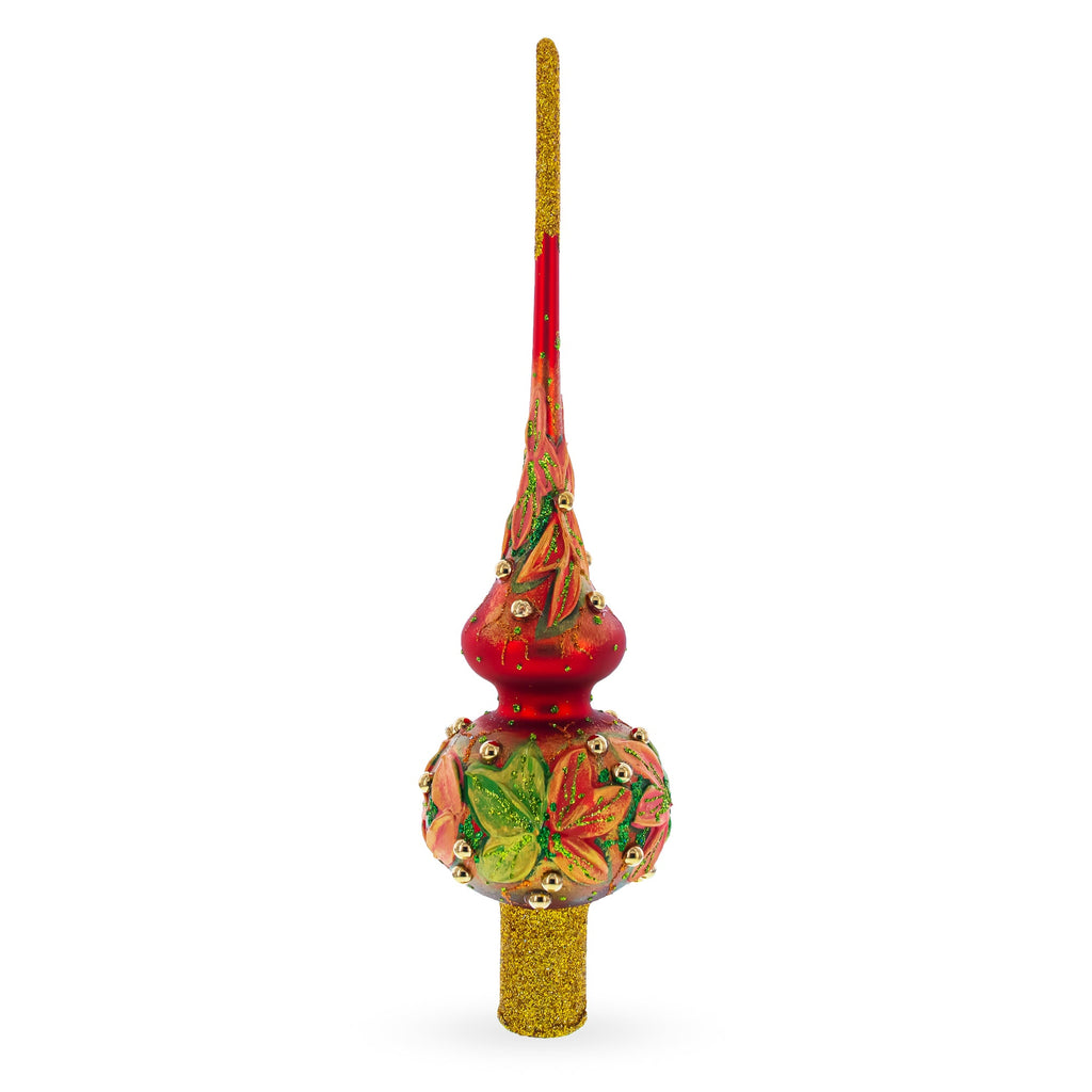 Red and Green Leaves on Red Glass Christmas Tree Topper 11 Inches