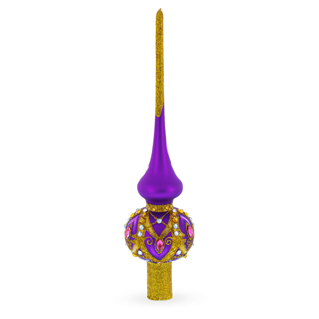 Gold and White Jewels on Purple Glass Christmas Tree Topper 11 Inches