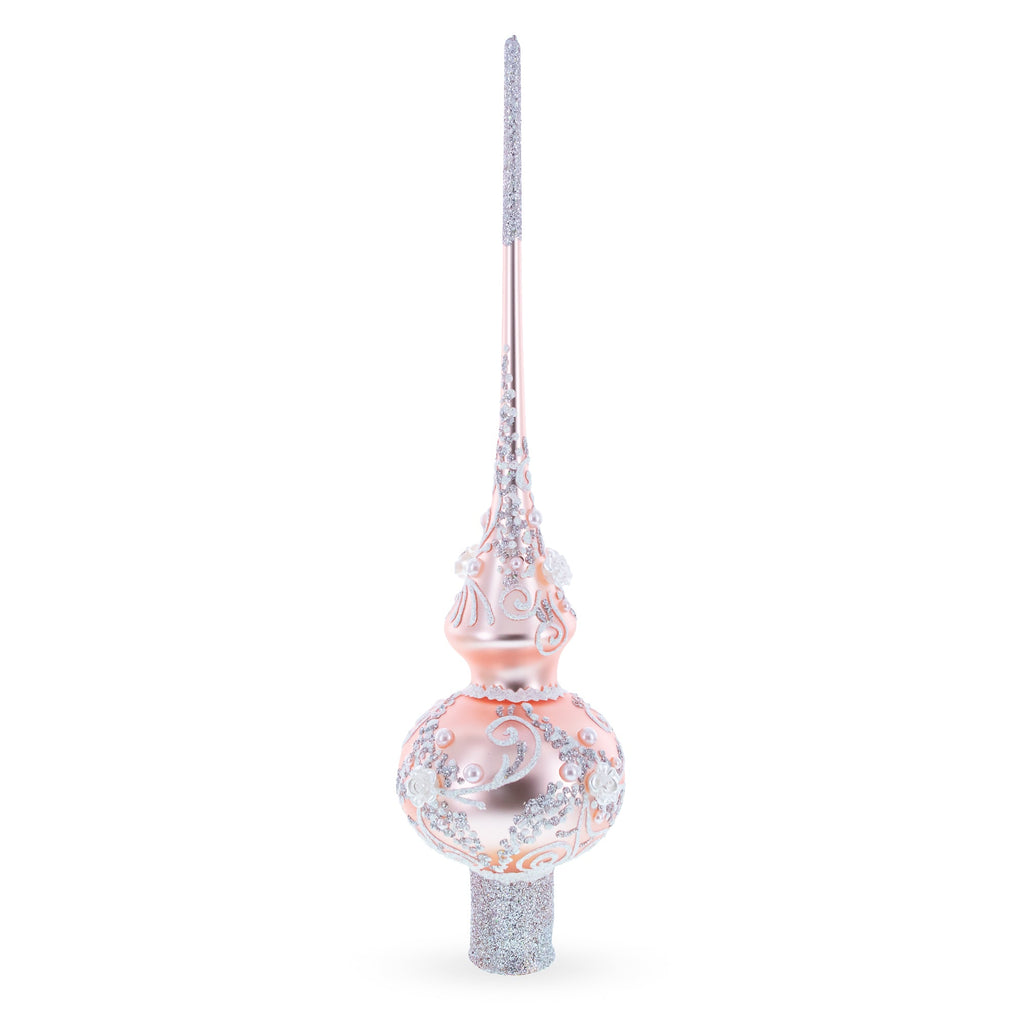 Silver Swirls on Metallic Rose Pink Glass Christmas Tree Topper 11 Inches