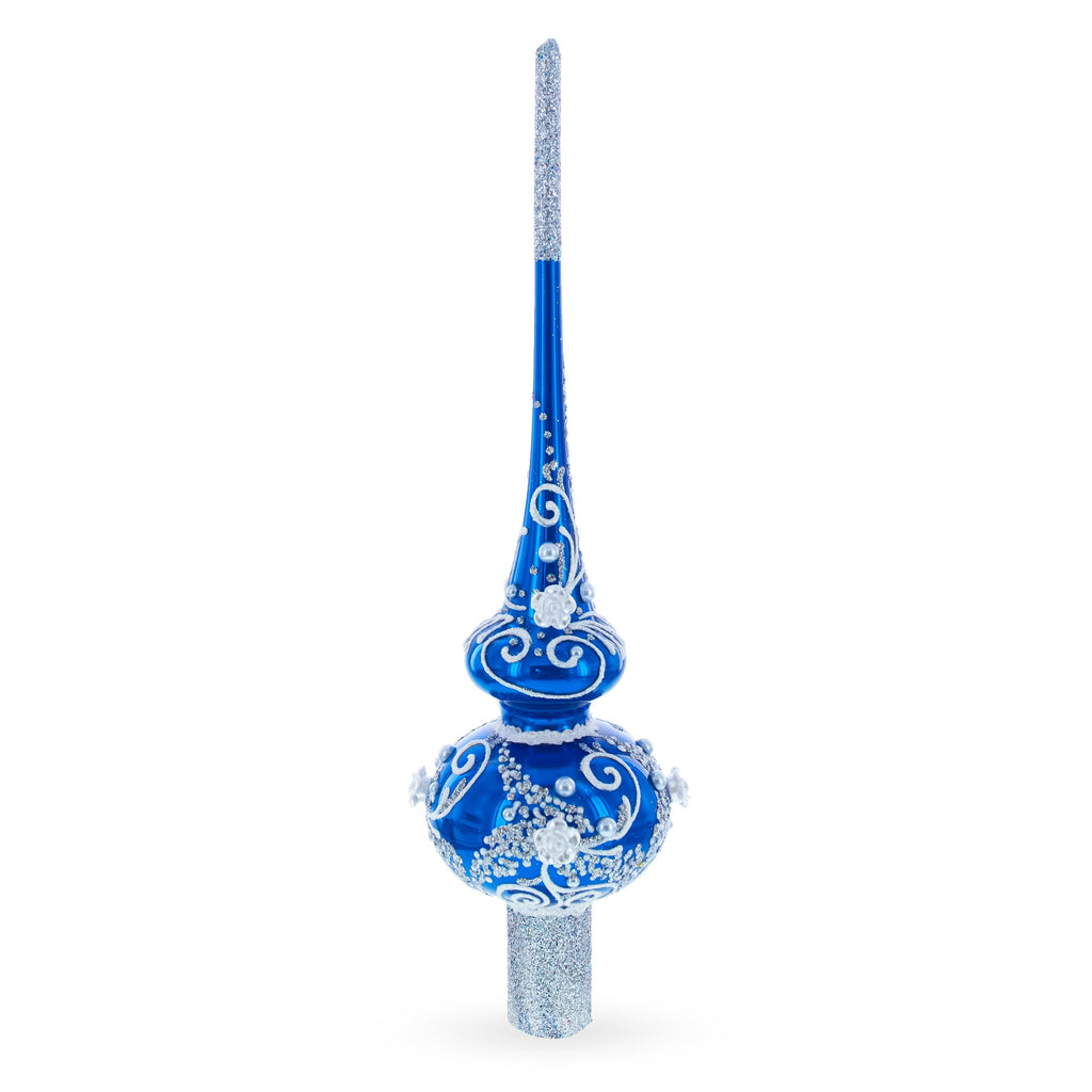 Silver Swirls on Blue Glass Christmas Tree Topper 11 Inches