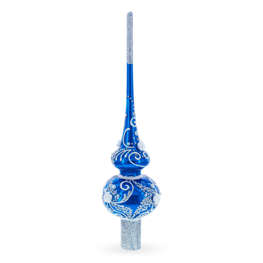 Silver Swirls on Blue Glass Christmas Tree Topper 11 Inches