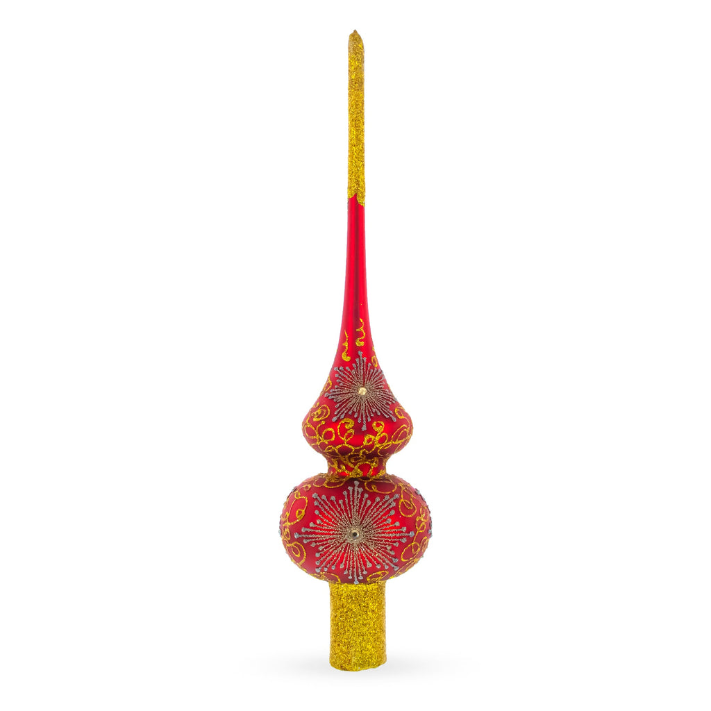 Radiant Jeweled Snowflake on Red Glass Christmas Tree Topper 11 Inches