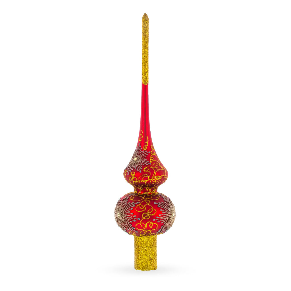 Radiant Jeweled Snowflake on Red Glass Christmas Tree Topper 11 Inches
