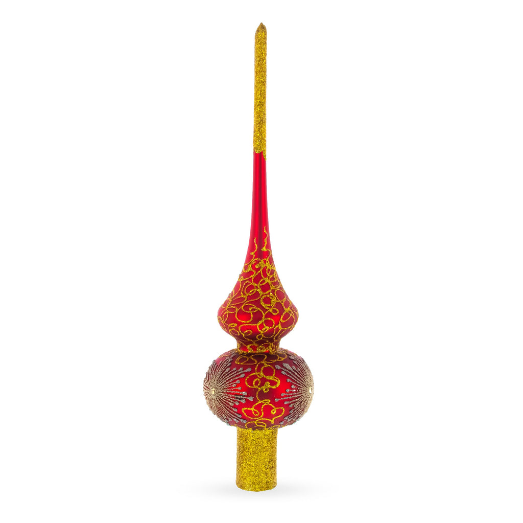 Radiant Jeweled Snowflake on Red Glass Christmas Tree Topper 11 Inches