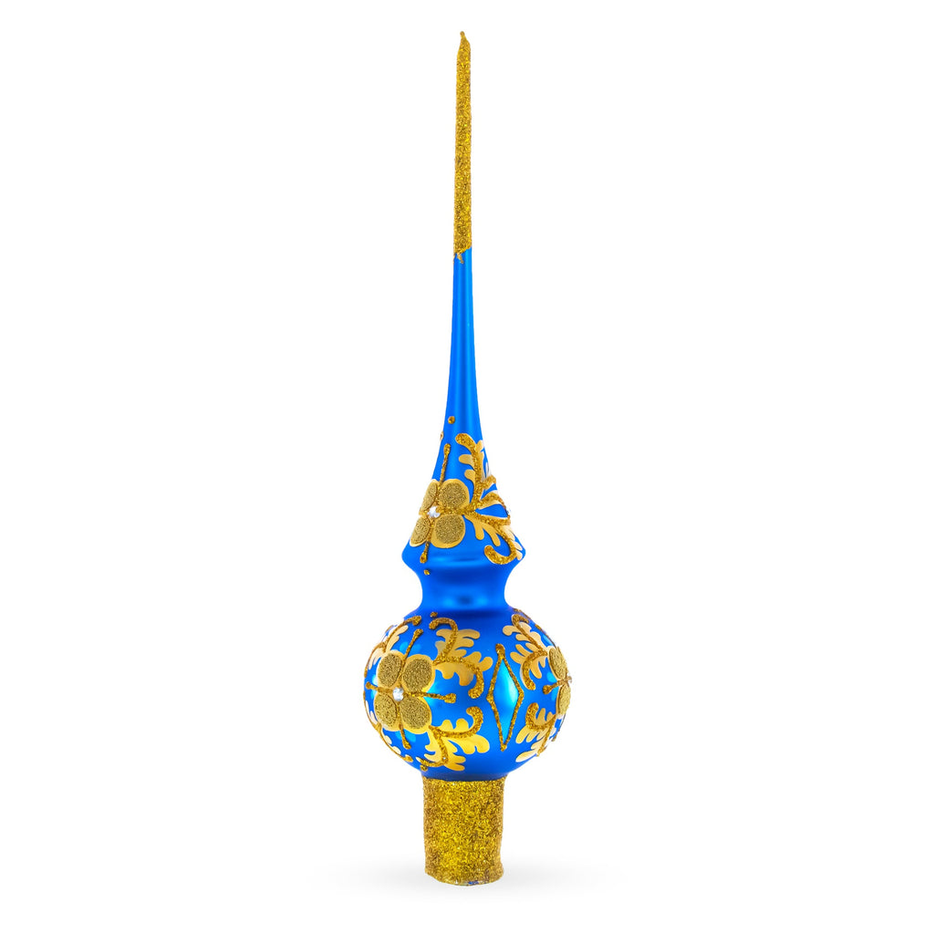 Jeweled Golden Leaves on Blue Glass Christmas Tree Topper 11 Inches