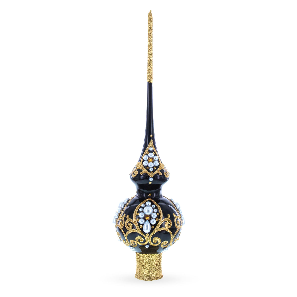 Black and Gold Filigree Design Glass Christmas Tree Topper 11 Inches
