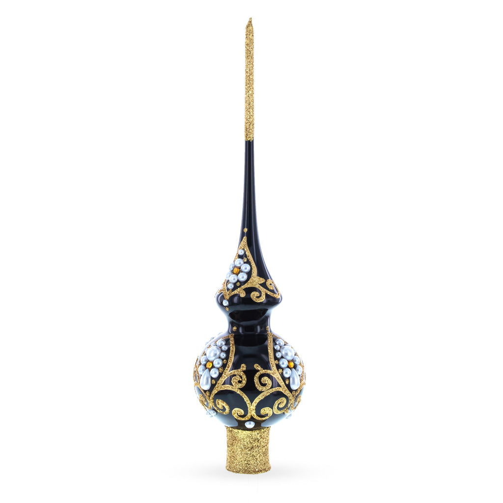 Black and Gold Filigree Design Glass Christmas Tree Topper 11 Inches