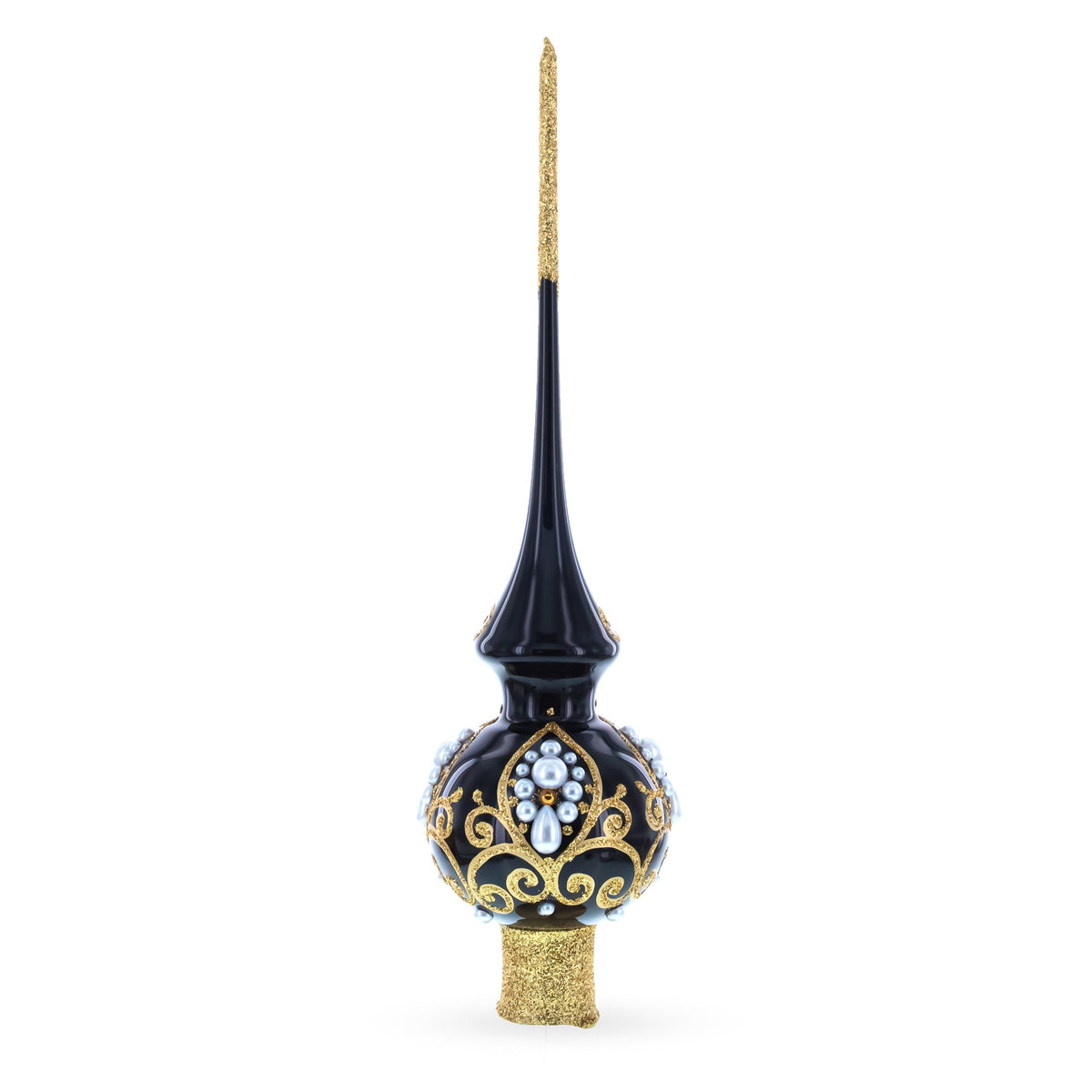 Black and Gold Filigree Design Glass Christmas Tree Topper 11 Inches