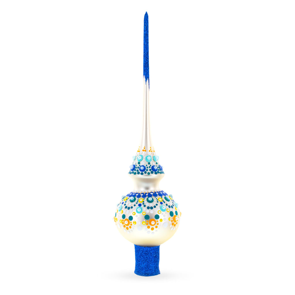 Chic Iridescent Pearl with Blue Embellishments Glass Christmas Tree Topper 11 Inches