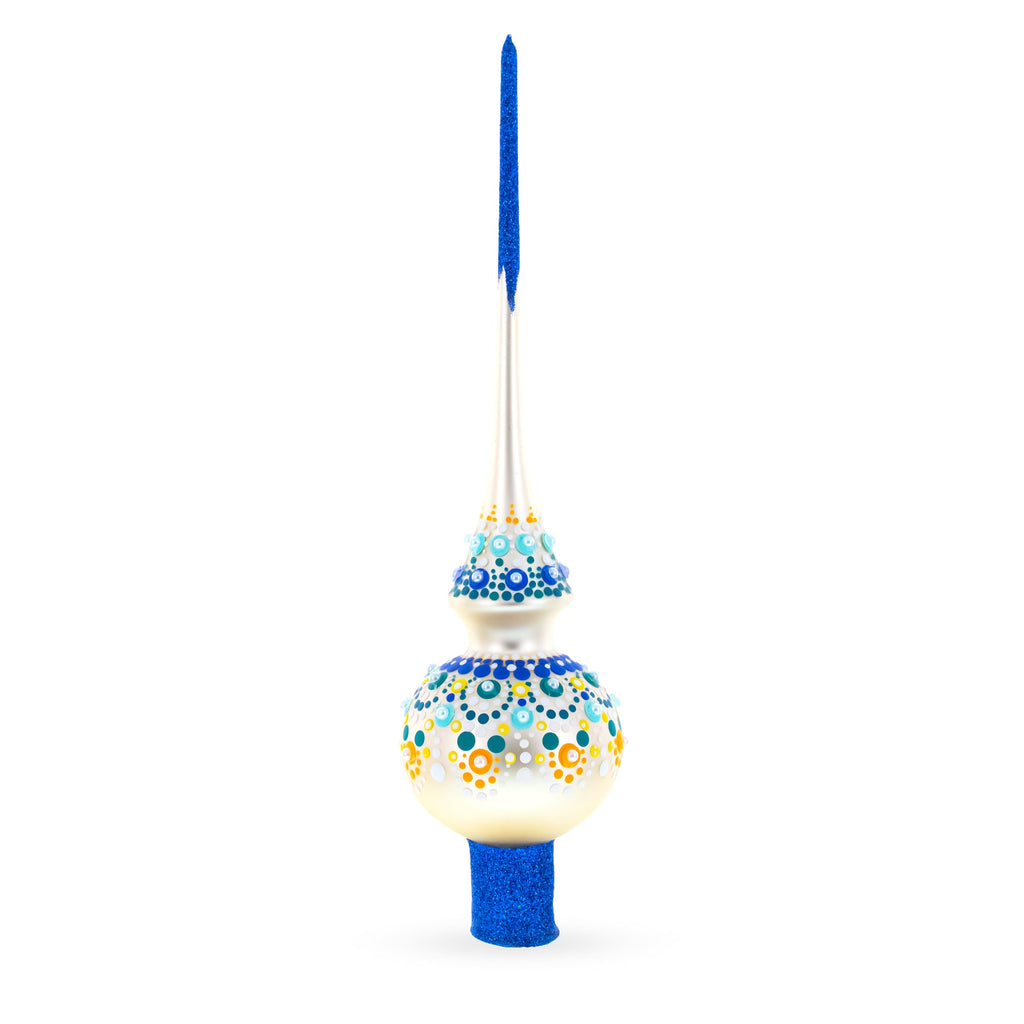 Chic Iridescent Pearl with Blue Embellishments Glass Christmas Tree Topper 11 Inches