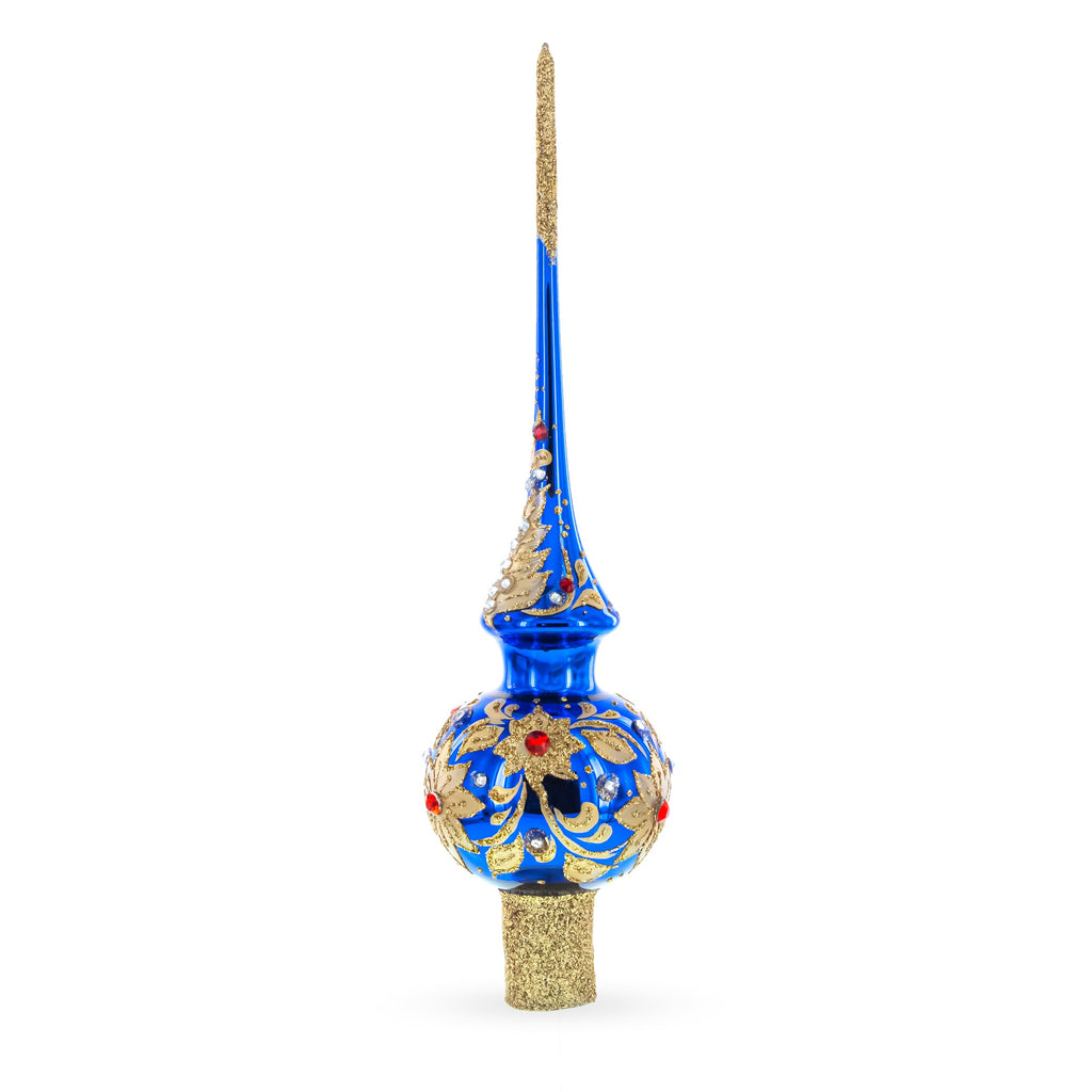 Royal Blue and Gold Floral Majesty Glass Christmas Tree Topper 11 Inches