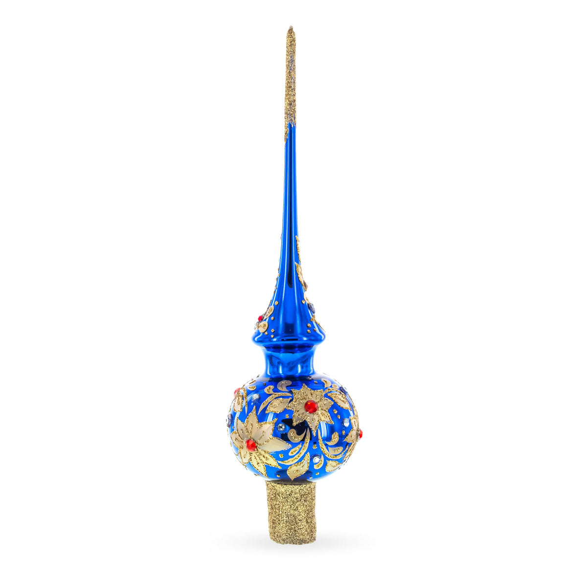 Royal Blue and Gold Floral Majesty Glass Christmas Tree Topper 11 Inches