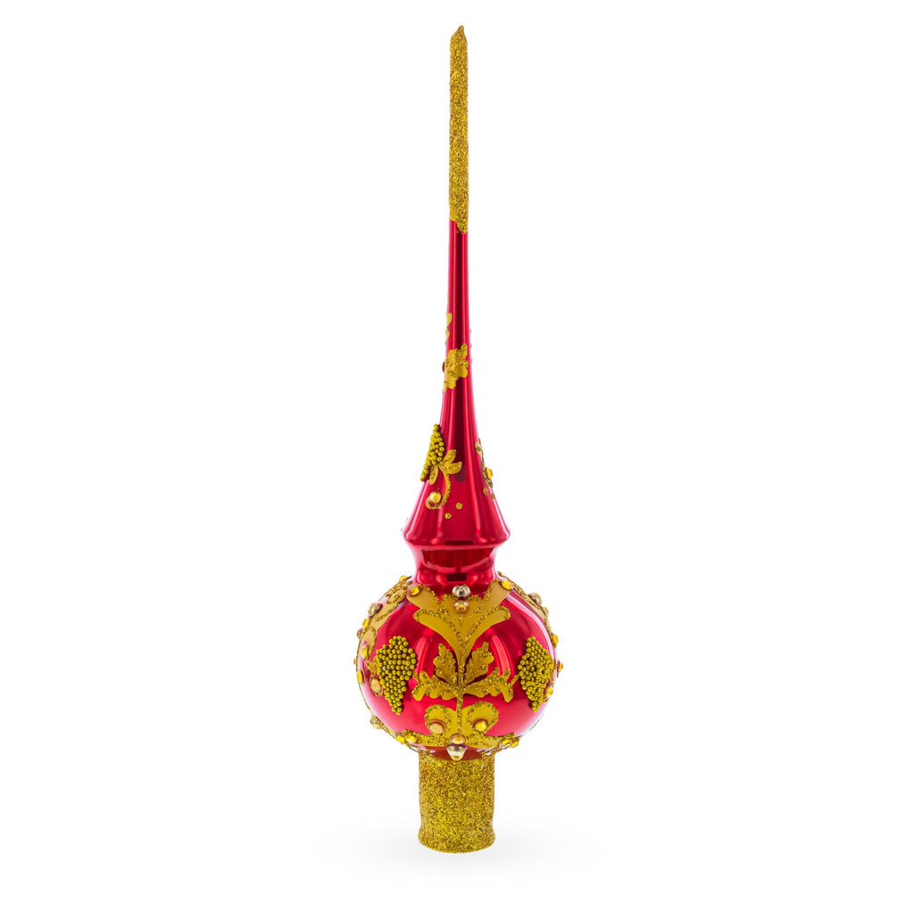 Luxurious Crimson Red with Golden Glitter Glass Christmas Tree Topper 11 Inches