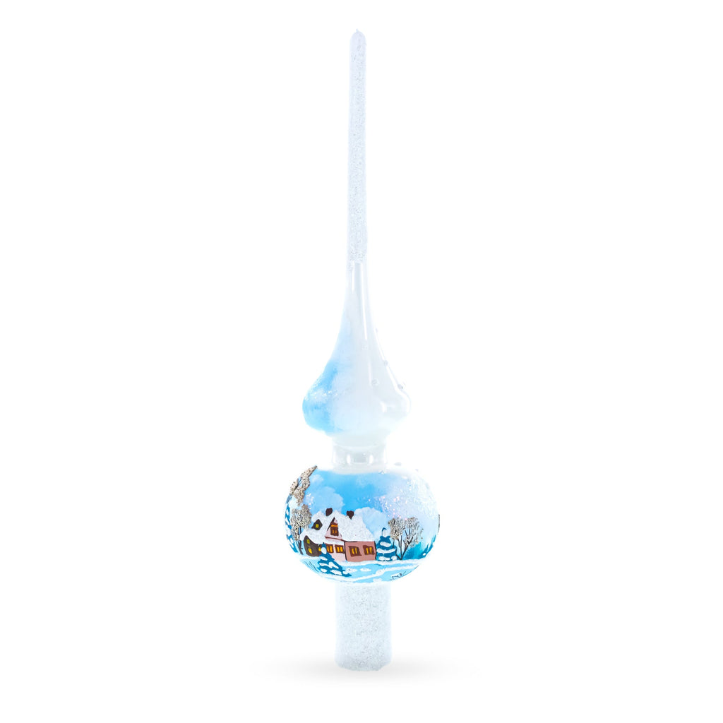 Winter Wonderland Scene with Sparkling Snow Glass Christmas Tree Topper 11 Inches