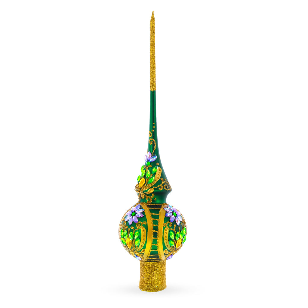 Enchanted Emerald Jeweled Green Glass Christmas Tree Topper 11 Inches