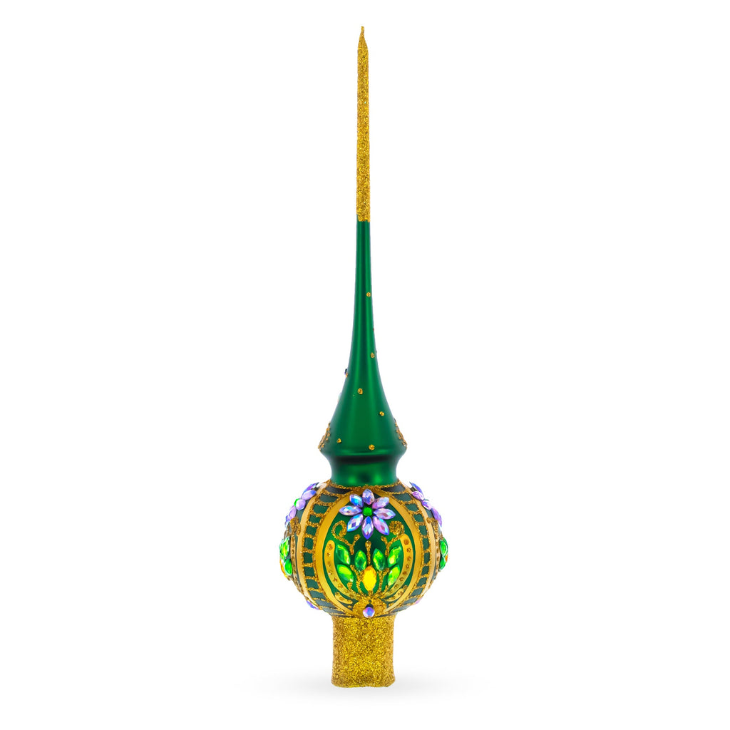 Enchanted Emerald Jeweled Green Glass Christmas Tree Topper 11 Inches