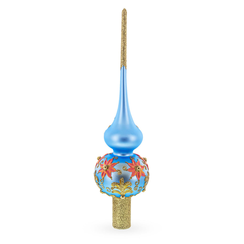 Exquisite Blue and Gold Floral Glass Christmas Tree Topper 11 Inches