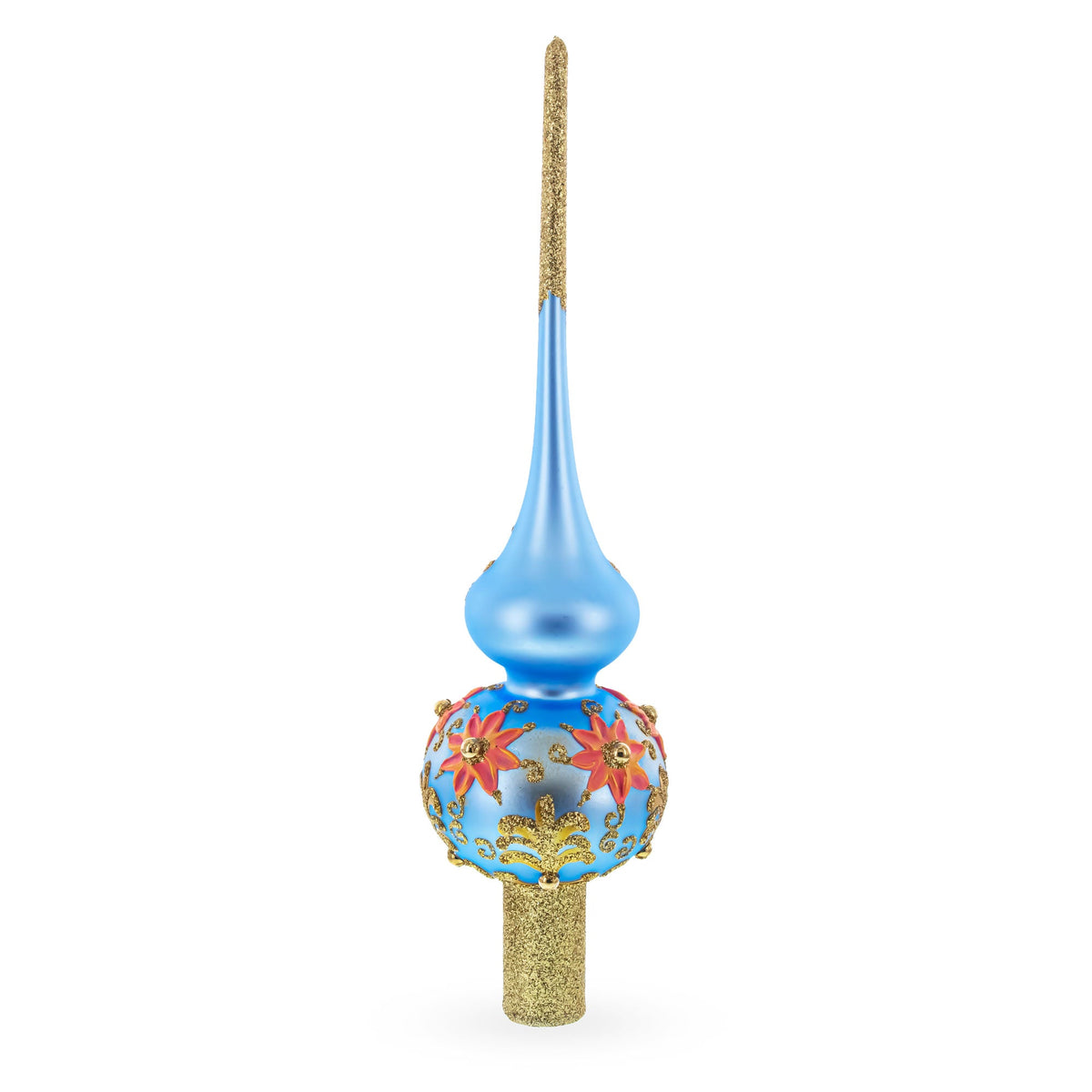 Exquisite Blue and Gold Floral Glass Christmas Tree Topper 11 Inches