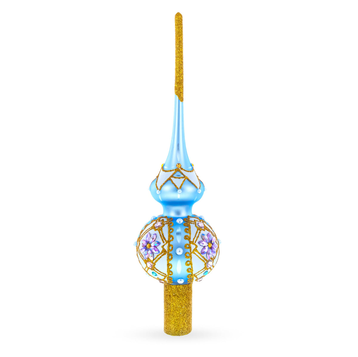 Elegant Blue and Purple Jewel-Encrusted Glass  Tree Topper 11 Inches