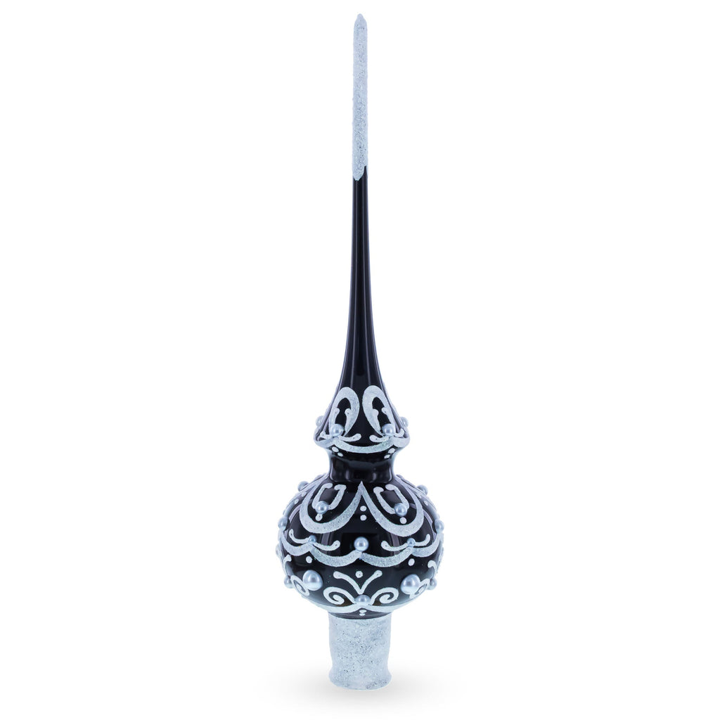Black & White Scroll Pear Glass Christmas Tree Topper 11 Inches