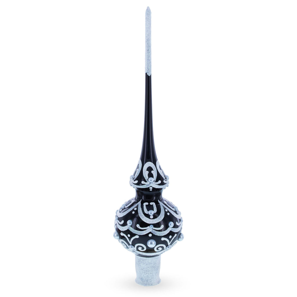 Black & White Scroll Pear Glass Christmas Tree Topper 11 Inches