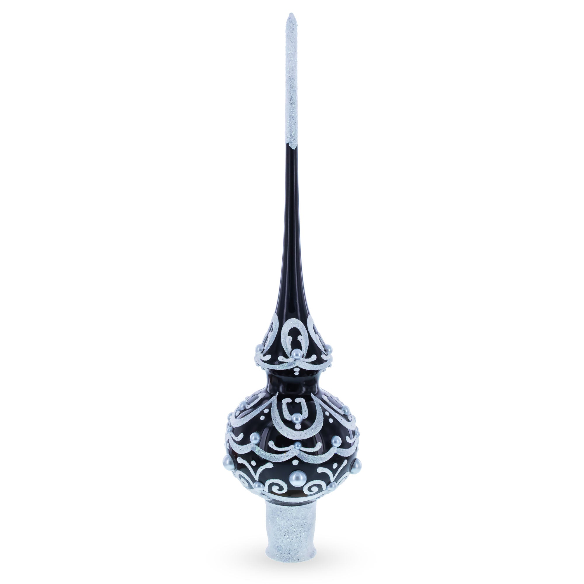 Black & White Scroll Pear Glass Christmas Tree Topper 11 Inches