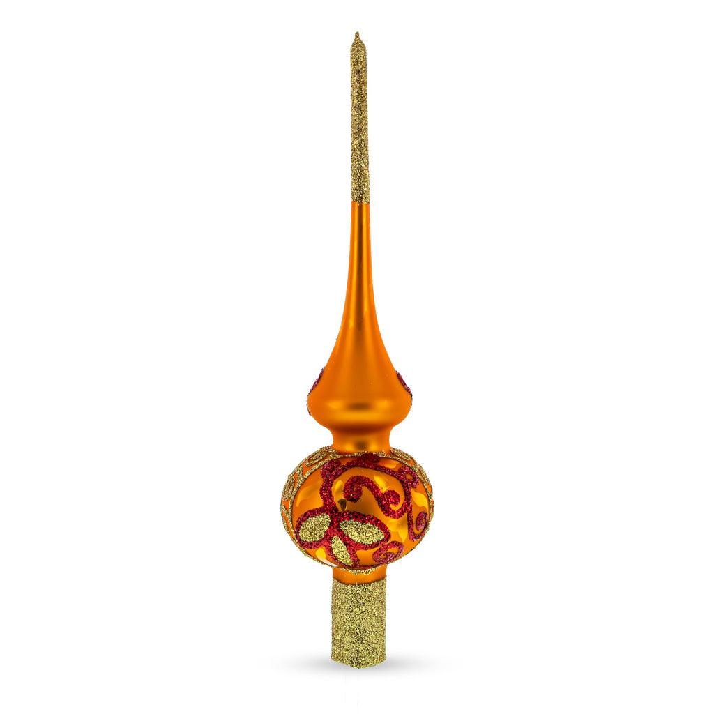 Sparkling Leaves on Gold Glass Christmas Tree Topper 11 Inches