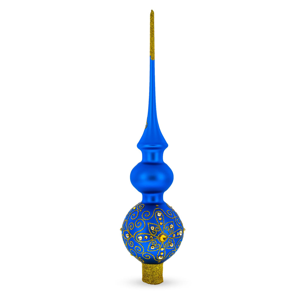 Golden Swirls on Blue Double Ball Glass Christmas Tree Topper 16 Inches