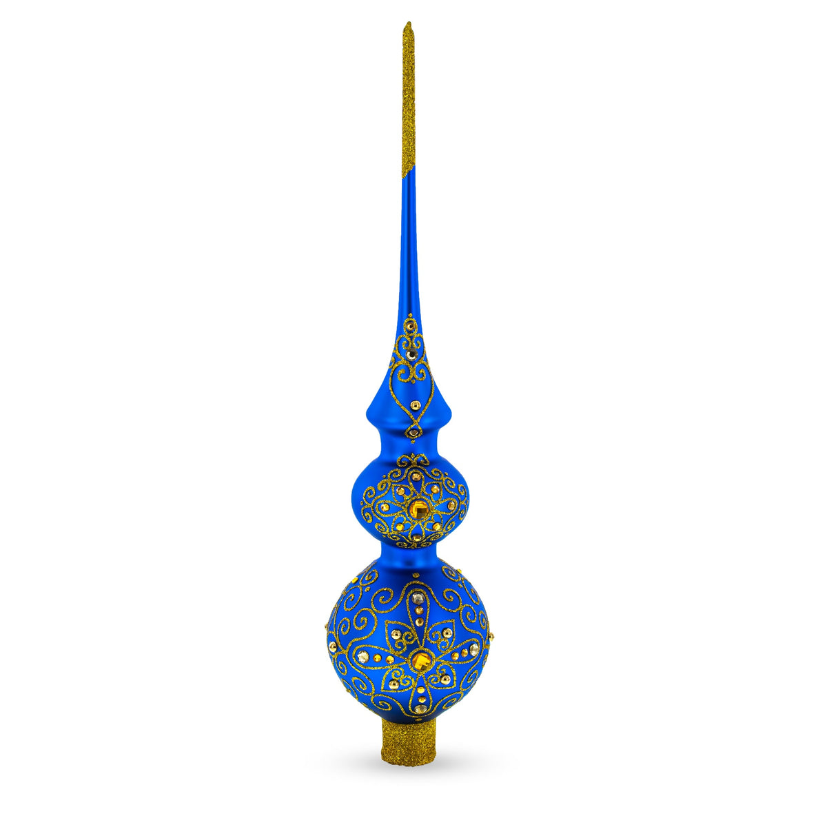 Golden Swirls on Blue Double Ball Glass Christmas Tree Topper 16 Inches