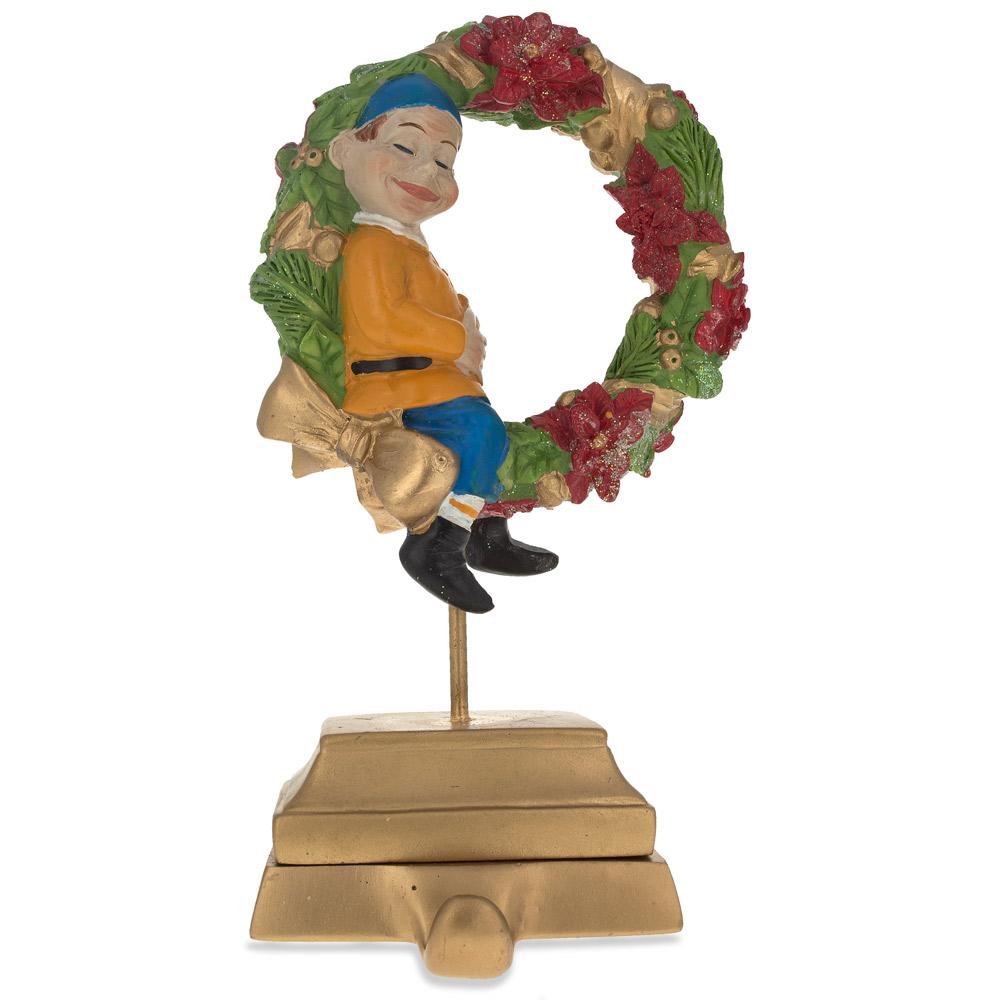 7-Inch Wreath Metal Christmas Stocking Holder Hanger with Elf Design