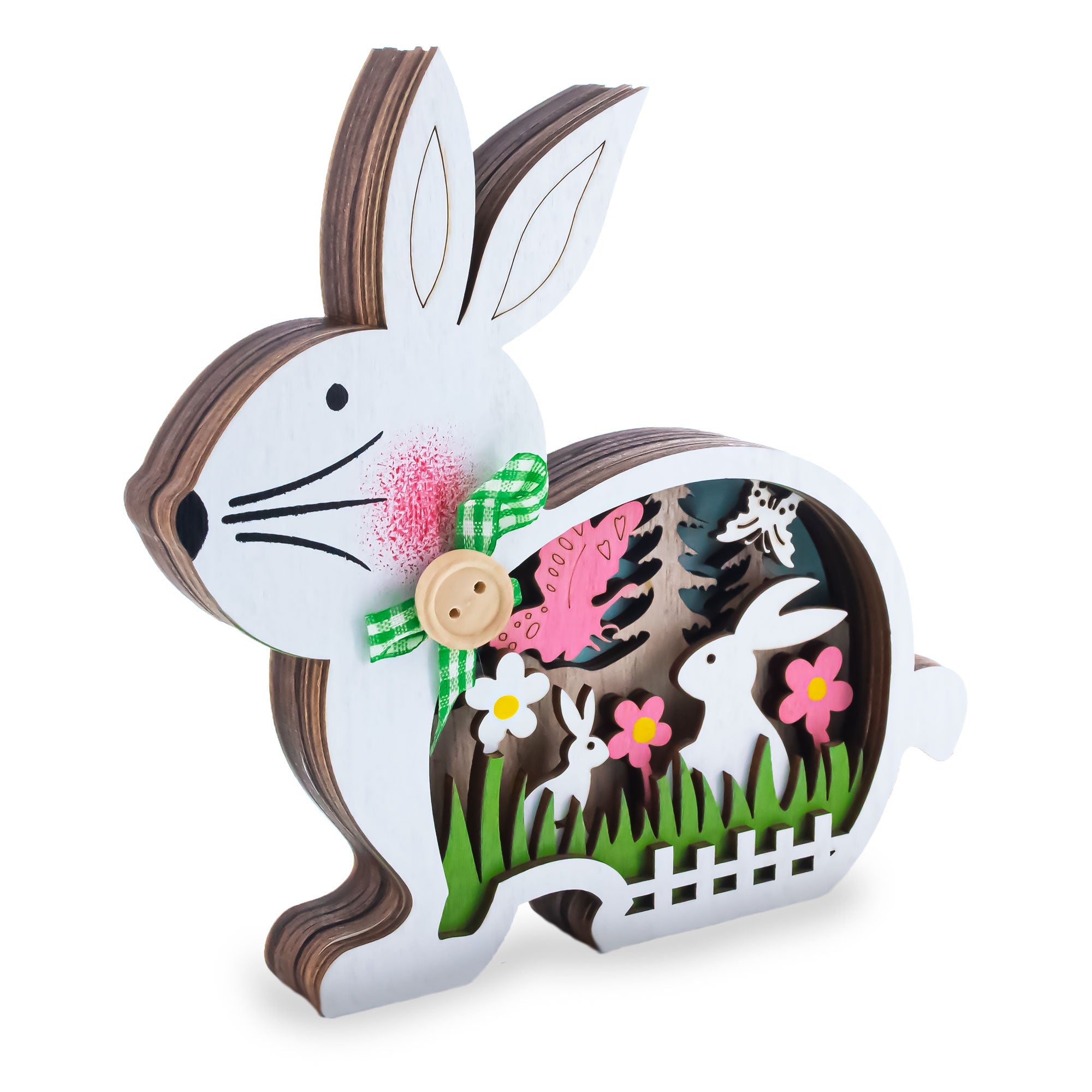 Bunny Shape Spring Garden with Butterflies Wooden Figurine