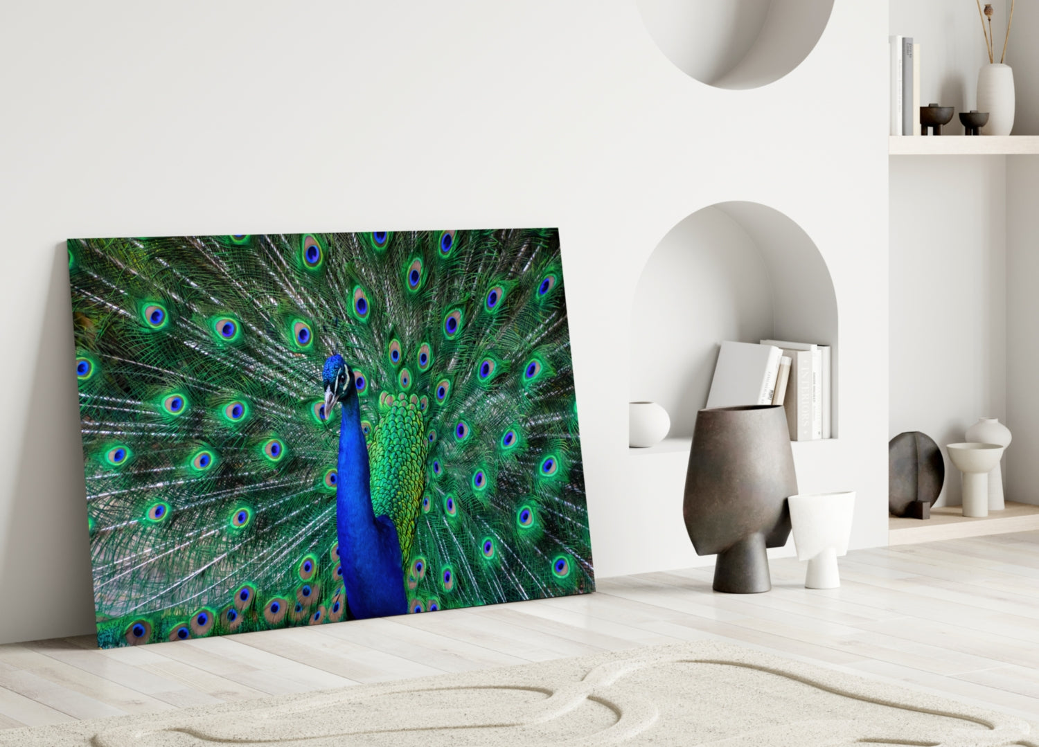 Peacock Fanned Tail Display Glass Wall Art