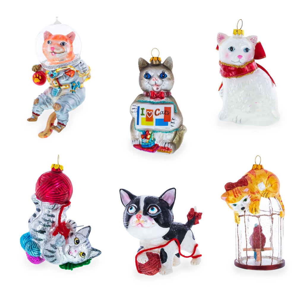 Lady Cat with Pink Hat Glass Christmas Ornament