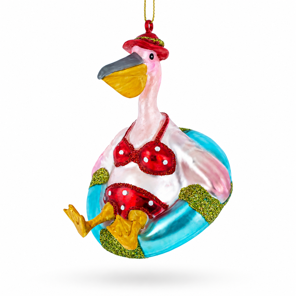 Pelican in Red Swimsuit with Hat on Pool Float Glass Christmas Ornament