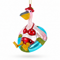 Pelican in Red Swimsuit with Hat on Pool Float Glass Christmas Ornament