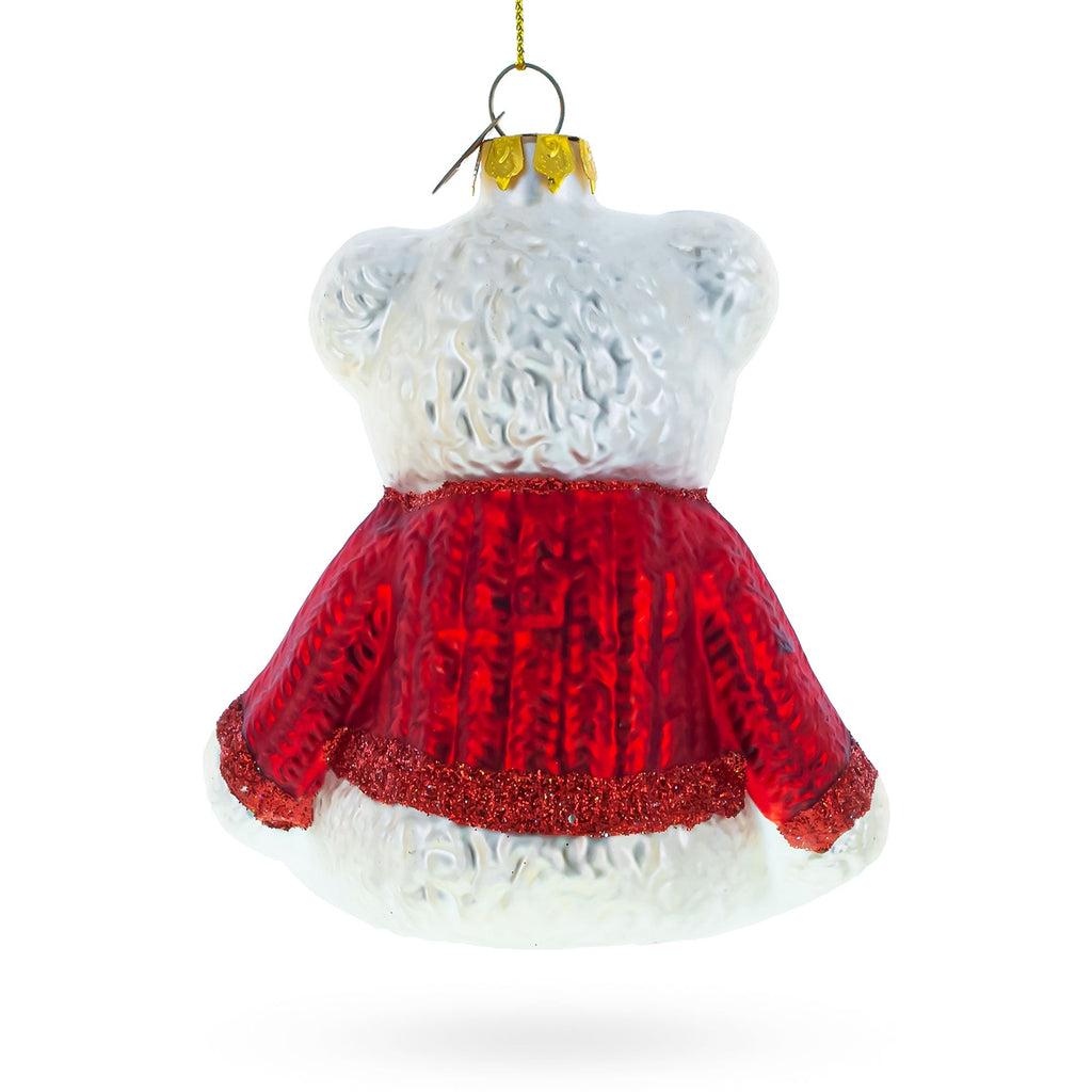 White Teddy Bear in Red Sweater Glass Christmas Ornament