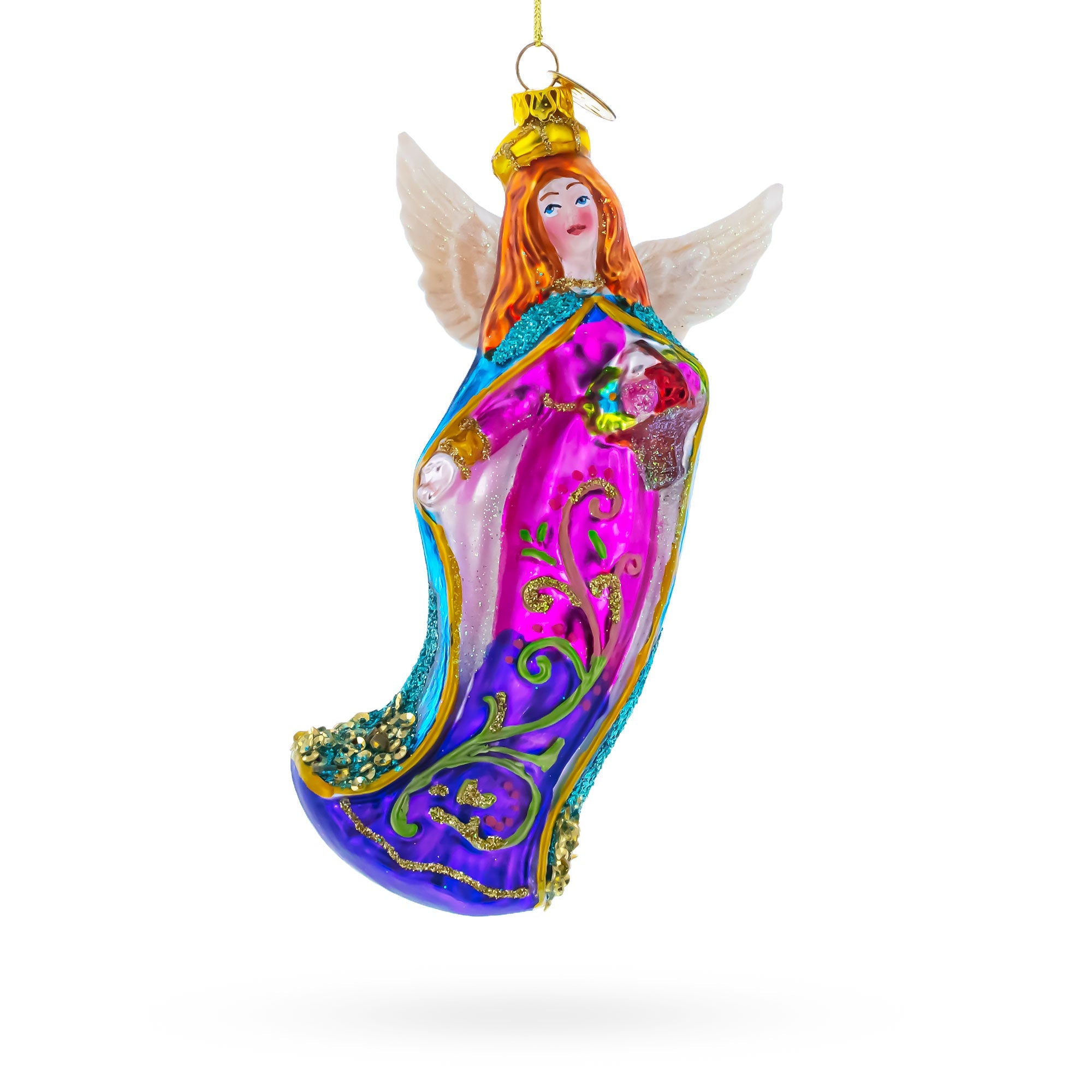 Serene Angel with Basket of Flowers Glass Christmas Ornament