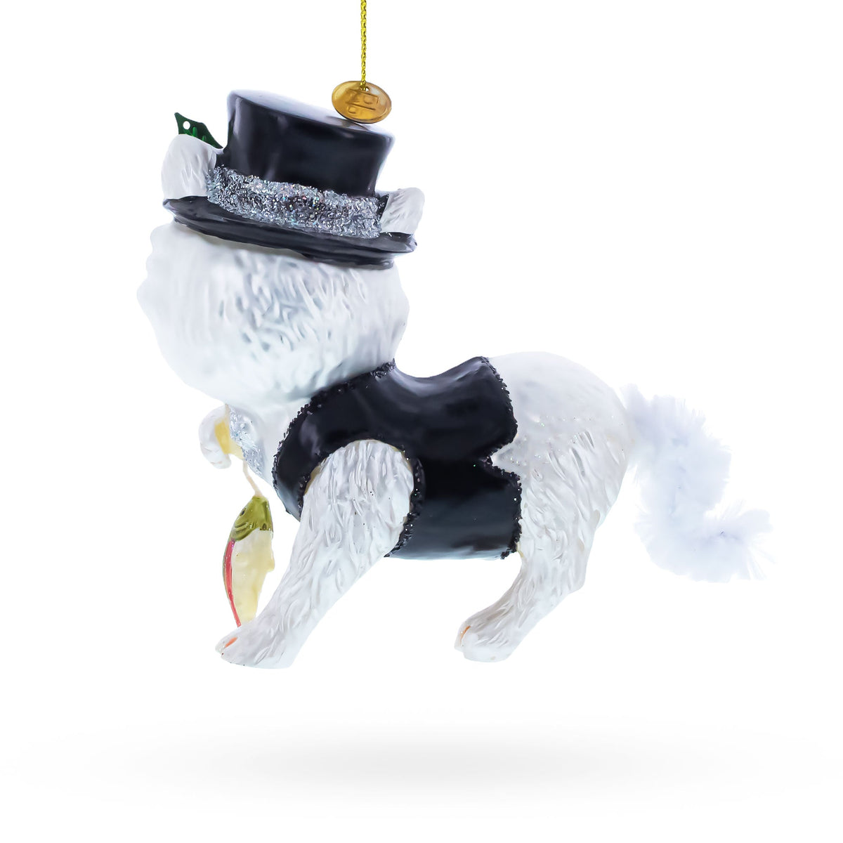 Cat in Black Costume Holding Fish Glass Christmas Ornament