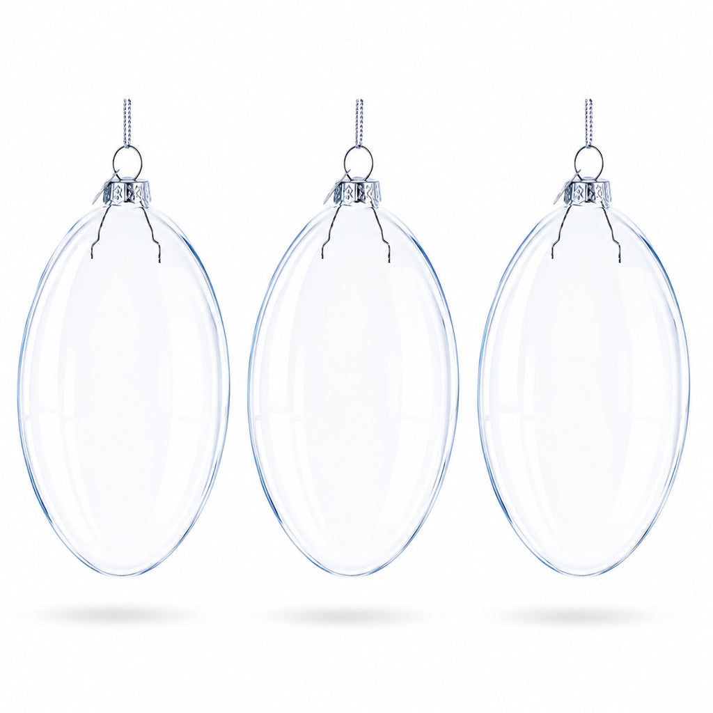Set of 3 Oval Flat Discs Clear Glass Christmas Ornament, 5 Inches