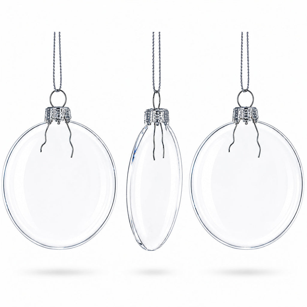 Set of 3 Flat Disc Clear Mini Glass Christmas Ornaments 2.85 Inches