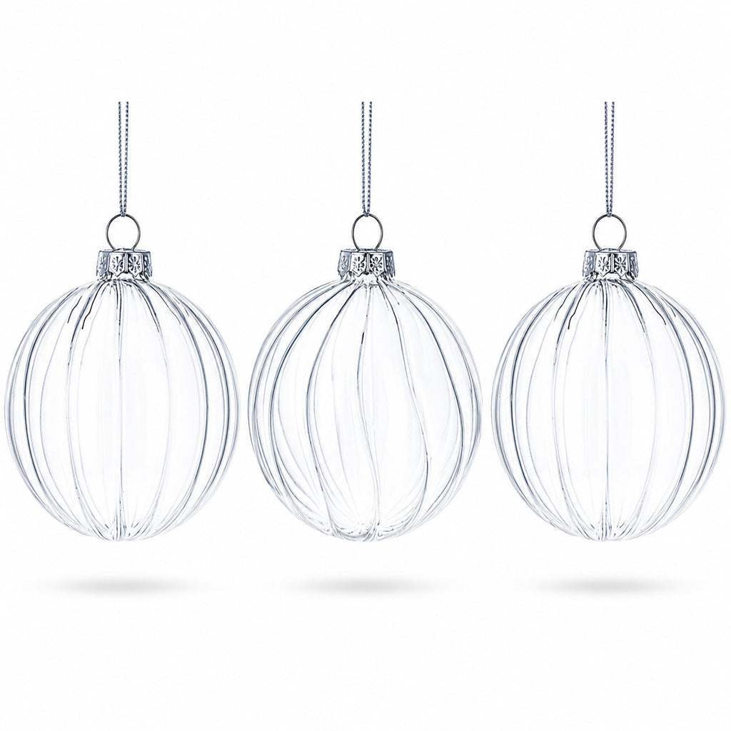 Elegant Set of 3 Striped Clear Glass Ball Christmas Ornaments 3.5 Inches