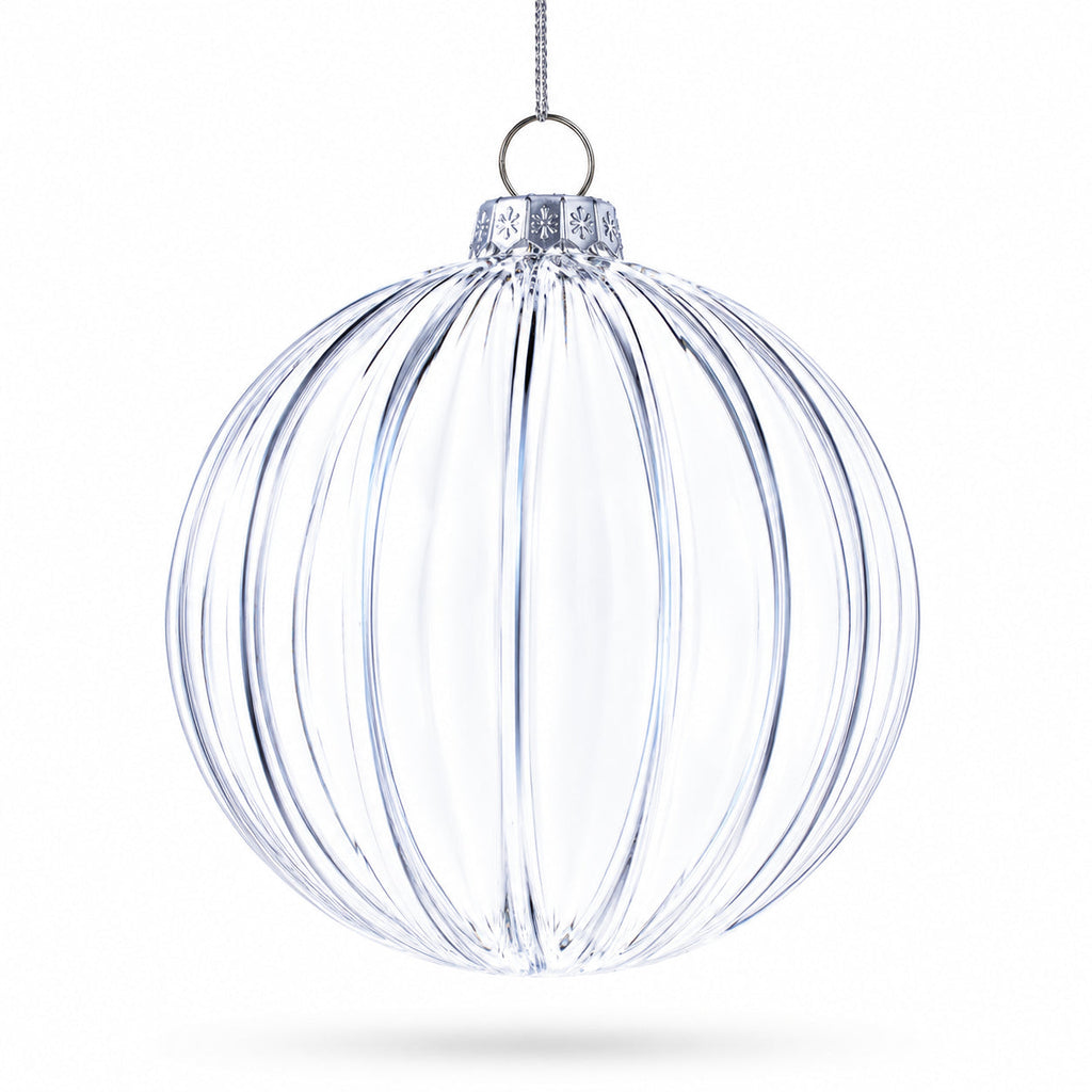 Elegant Set of 3 Striped Clear Glass Ball Christmas Ornaments 3.5 Inches