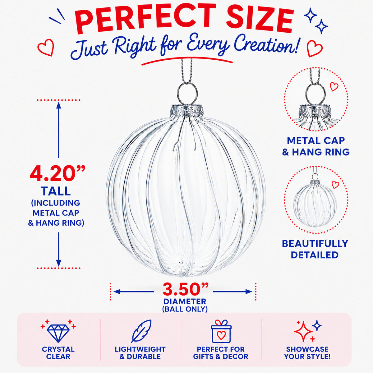 Elegant Set of 3 Striped Clear Glass Ball Christmas Ornaments 3.5 Inches