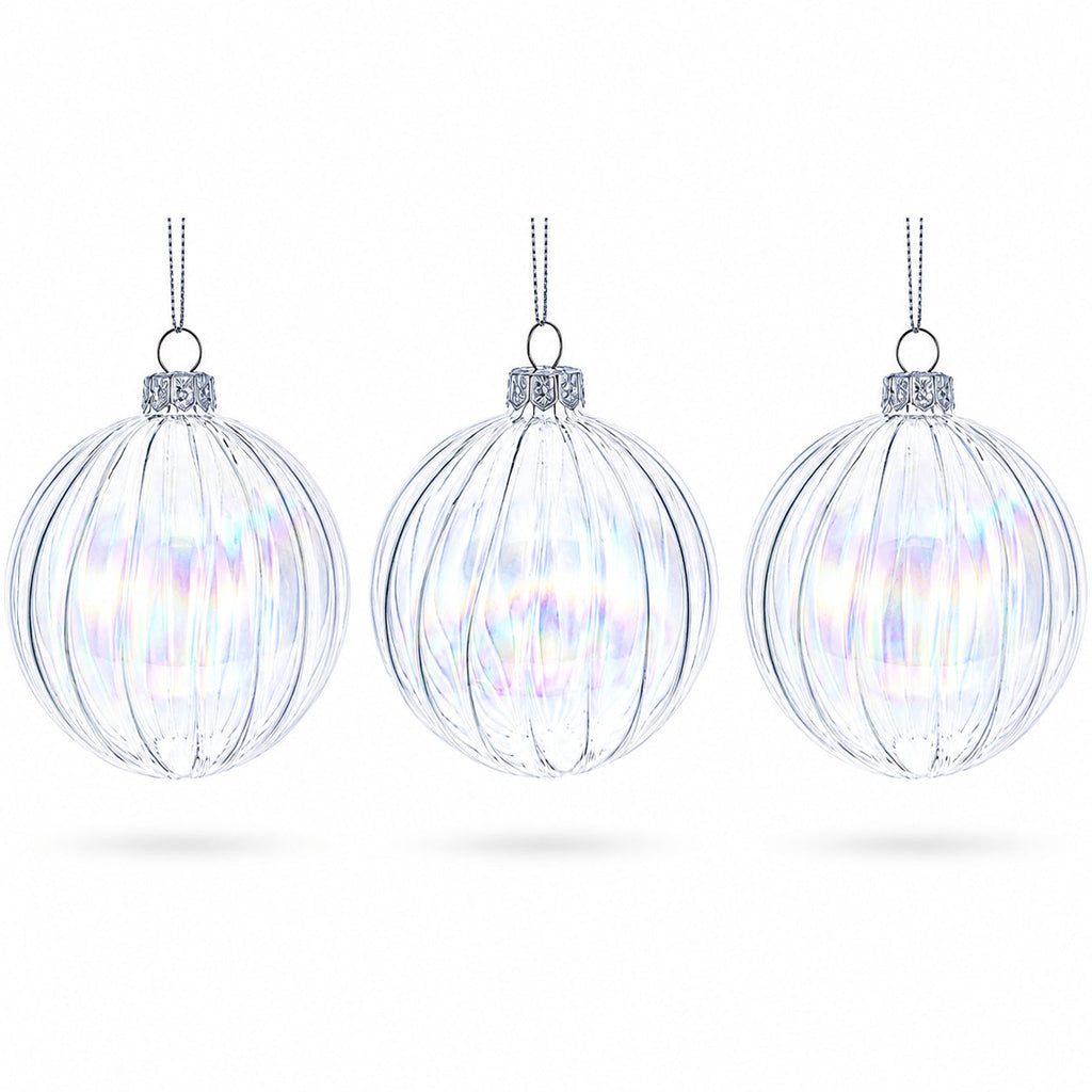 Set of 3 Iridescent Clear Glass Ball Christmas Ornaments 3.6 Inches
